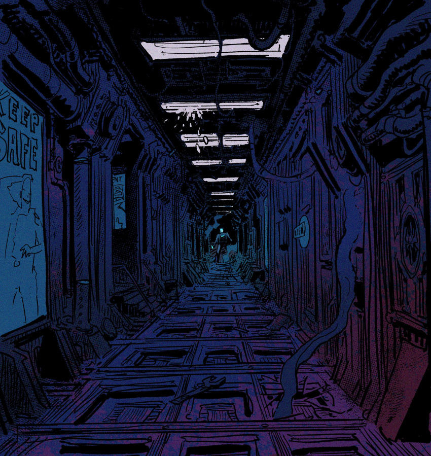 1boy, blue_theme, dead_space, english_commentary, hallway, hayden_sherman, helmet, highres