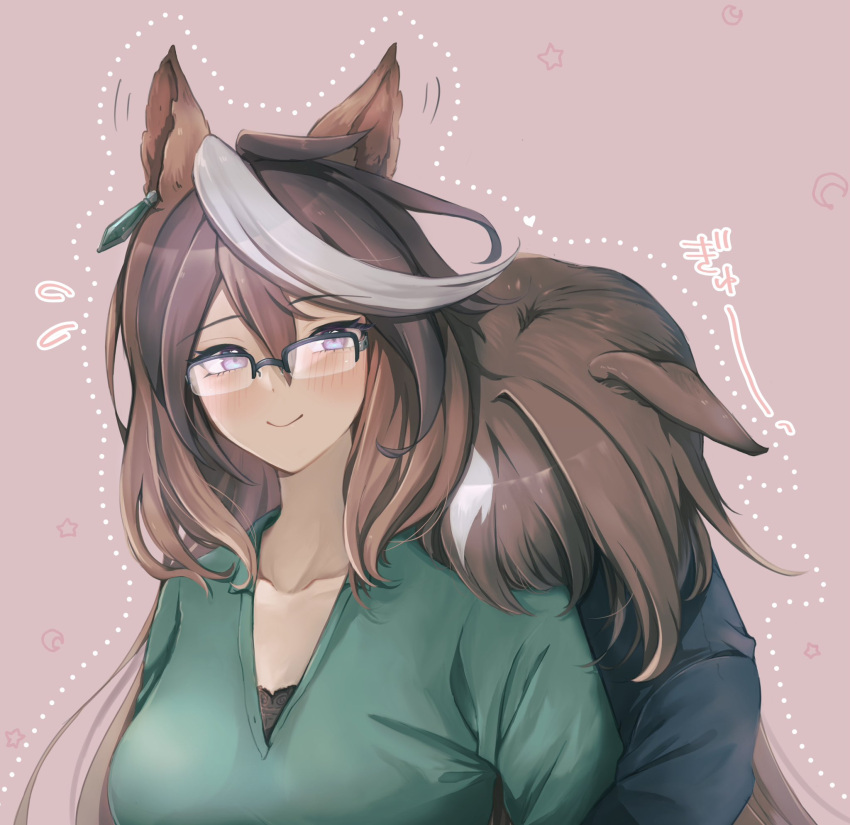2girls, alternate_costume, animal_ears, blue_sweater, blush, brown_hair, closed_mouth, earrings