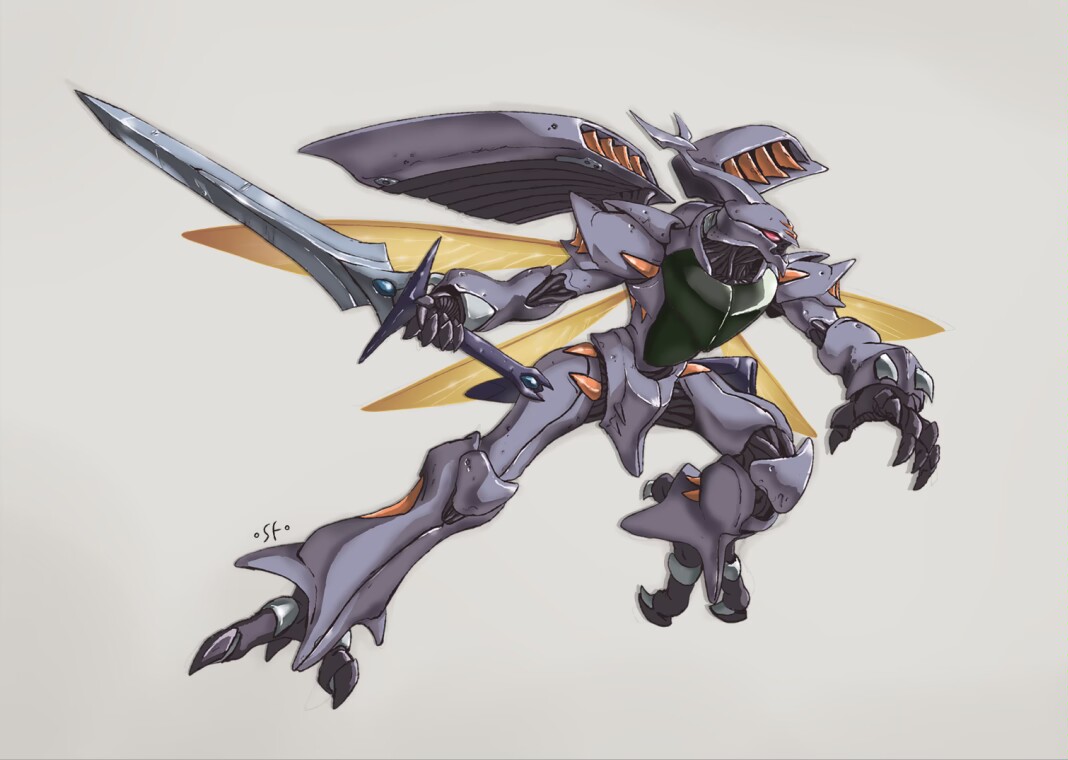 artist_name, chinese_commentary, dunbine, flying, full_body, grey_background, holding, holding_sword, holding_weapon, insect_wings, looking_to_the_side, mecha, no_humans, open_hand, orange_eyes, robot, seisenshi_dunbine, sfss, solo, sword, weapon, wings