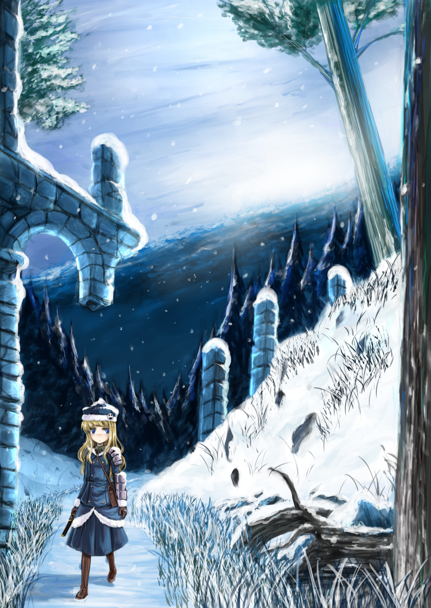 blue_coat, blue_dress, coat, dress, fallen_tree, full_body, fur-trimmed_headwear, gun