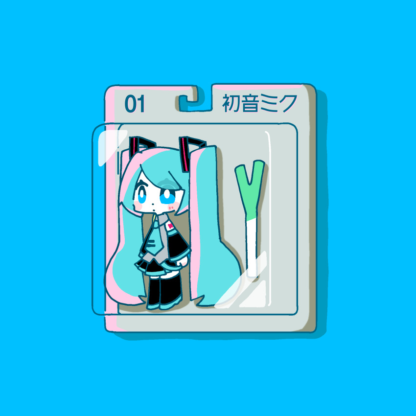 black_footwear, black_skirt, black_sleeves, blue_background, blue_eyes, blue_hair, blue_necktie, boots, character_name, commentary, detached_sleeves, figure, grey_shirt, hair_ornament, hatsune_miku, highres, necktie, package, pleated_skirt, shirt, simple_background, skirt, sleeveless, sleeveless_shirt, spring_onion, thigh_boots, twintails, vocaloid