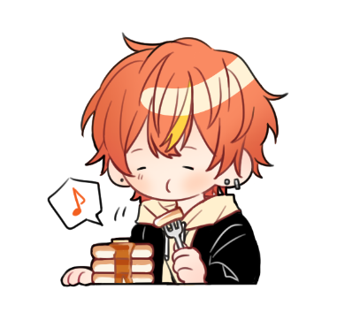 1boy, aksungjapdok, bangs, black_jacket, blonde_hair, blush, closed_eyes, closed_mouth, commentary, earrings, eating, food, fork, holding, holding_fork, hood, hood_down, hoodie, jacket, jewelry, long_sleeves, lowres, male_focus, multicolored_hair, musical_note, orange_hair, pancake, pancake_stack, project_sekai, shinonome_akito, short_hair, simple_background, solo, spoken_musical_note, streaked_hair, symbol-only_commentary, two-tone_hair, upper_body, white_background, yellow_hoodie