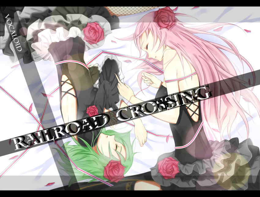 bad_id, closed_eyes, dress, flower, green_hair, gumi, hair_flower, hair_ornament