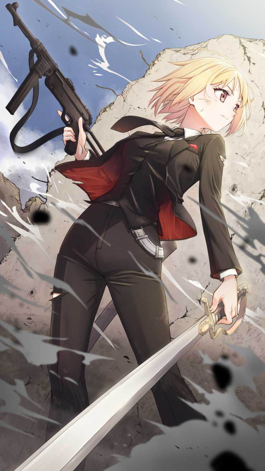 alternate_costume, black_necktie, black_pants, black_suit, blonde_hair, blue_sky, breasts, brown_eyes, clouds, commission, concrete, debris, dust, dust_cloud, feet_out_of_frame, formal, girls_frontline, gun, highres, holding, holding_sword, holding_weapon, looking_to_the_side, medium_breasts, mp40, mp40_(girls'_frontline), necktie, non-web_source, pants, rubble, saber_(weapon), scabbard, sheath, shirt, skeb_commission, sky, submachine_gun, suit, sweat, sword, tarutaru_gungun, torn_clothes, weapon, white_shirt