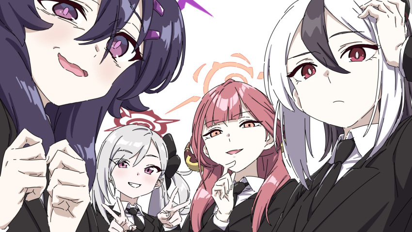 4girls, aru_(blue_archive), bangs, black_flower, black_hair, black_jacket, black_necktie, blue_archive