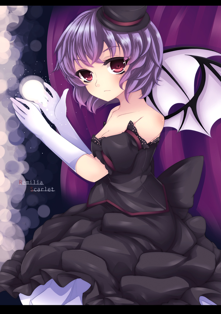 bat_wings, dress, gloves, hat, moccy, purple_hair, red_eyes, remilia_scarlet