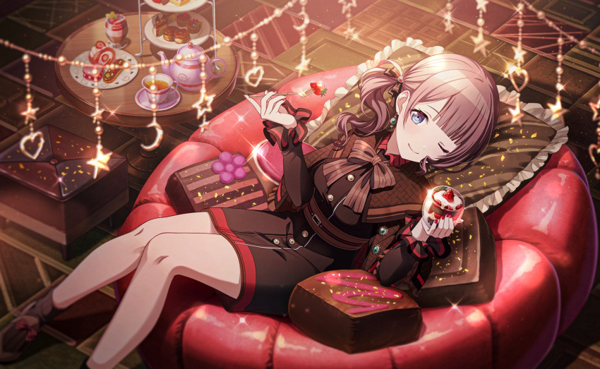 1girl, ;), ankle_socks, bangs, bare_legs, bean_bag_chair, belt, berry