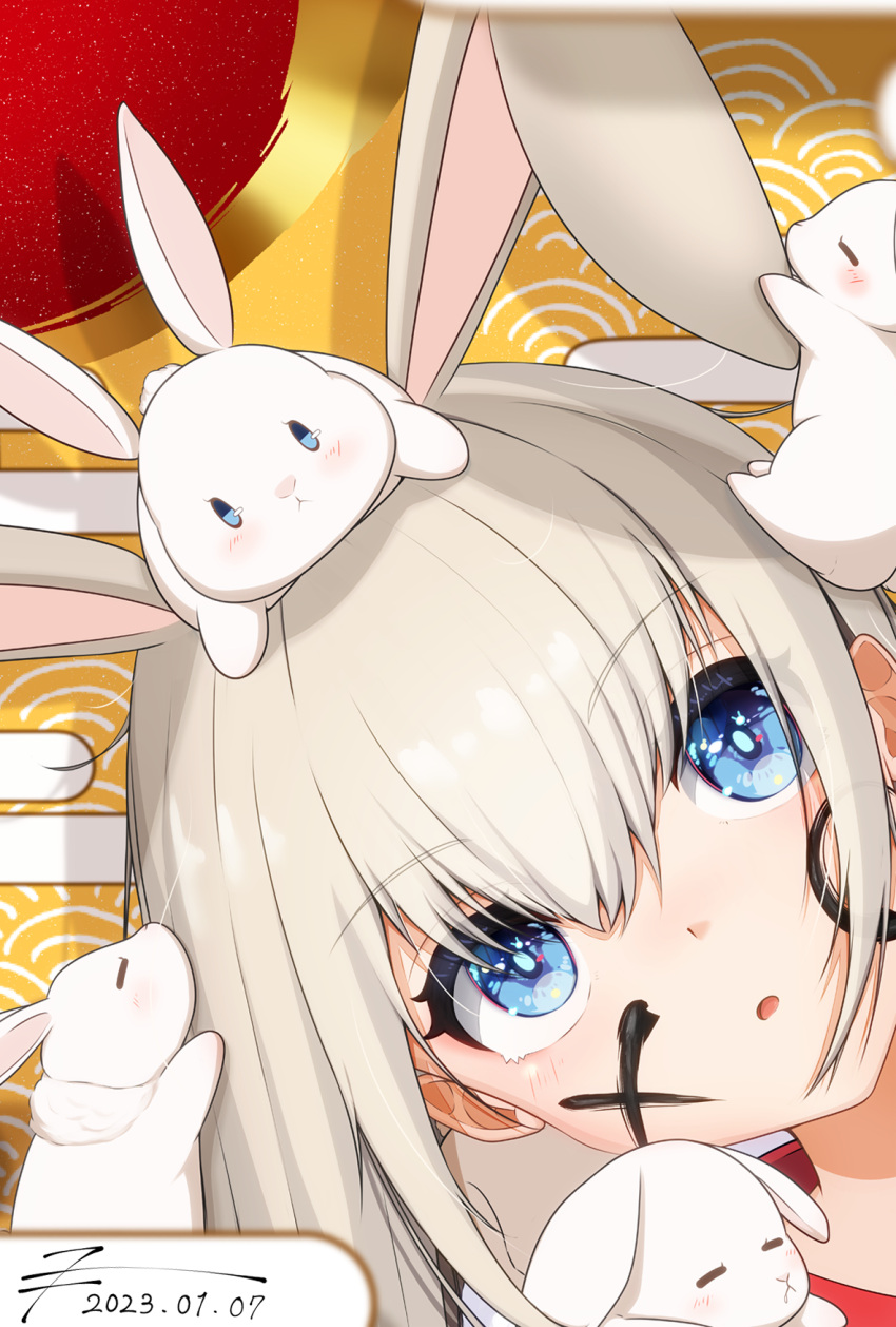 animal, animal_ears, animal_on_head, bangs, blue_eyes, blush, chinese_zodiac, egasumi