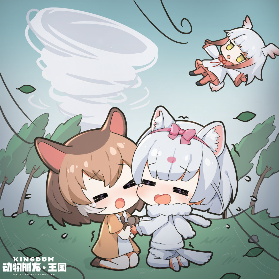 3girls, animal_ears, bird_ears, bird_girl, bird_tail, bird_wings, brown_hair, chevrotain_(kemono_friends)