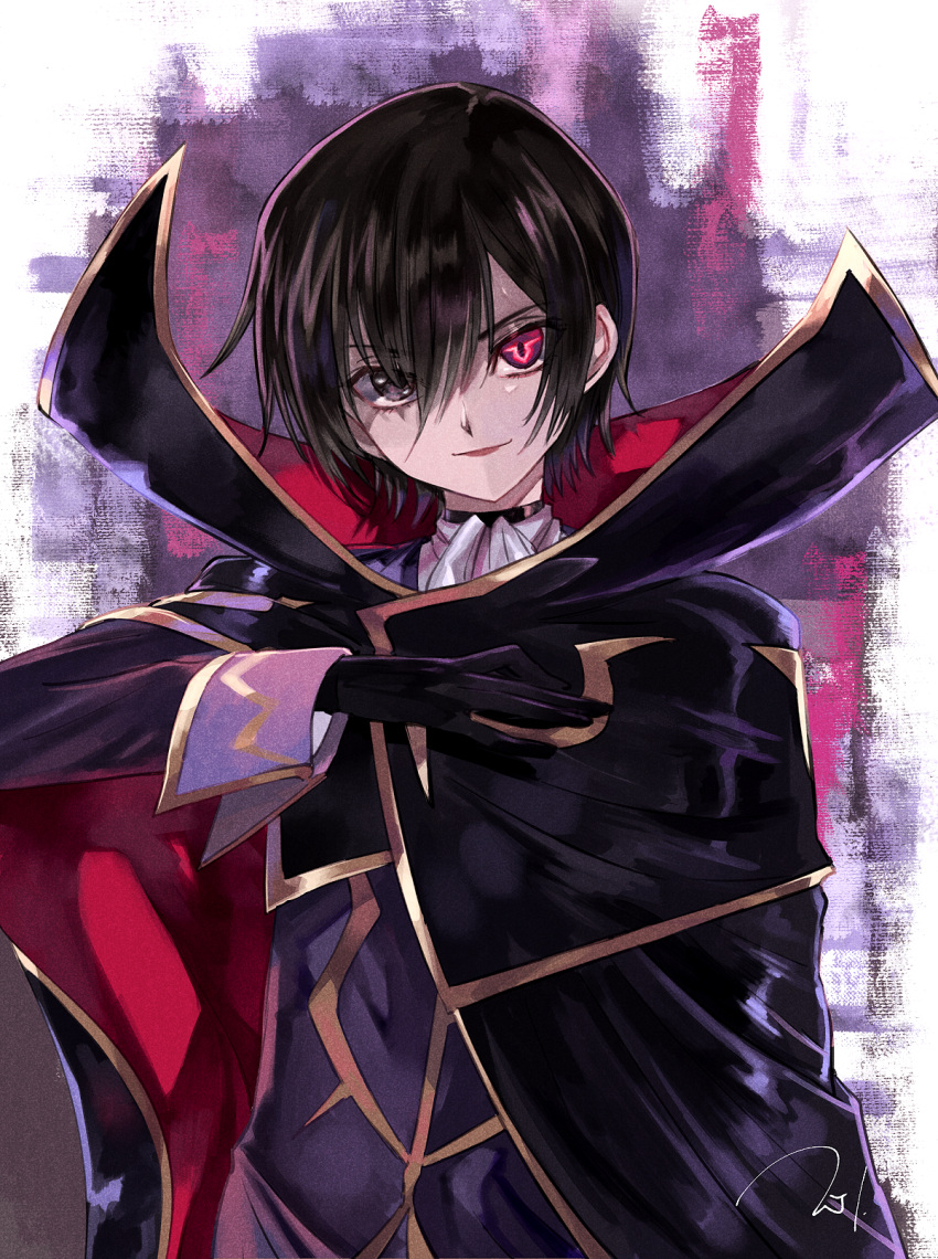 1boy, ascot, black_cape, black_eyes, black_gloves, cape, code_geass, evil_grin