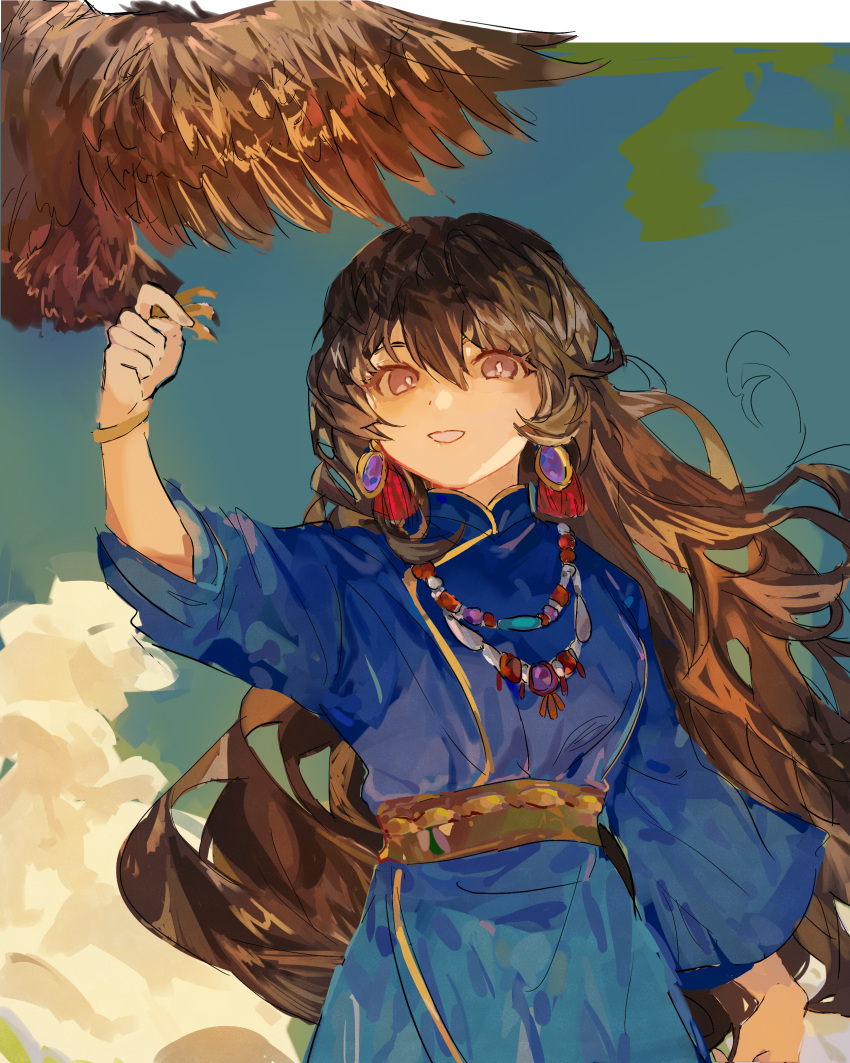 1girl, absurdres, bird, bird_on_hand, brown_hair, earrings, eiyuu_densetsu, fantasy
