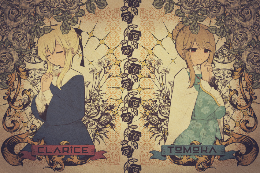 2girls, blonde_hair, blue_dress, cape, character_name, clarice_(idolmaster), closed_eyes, dress