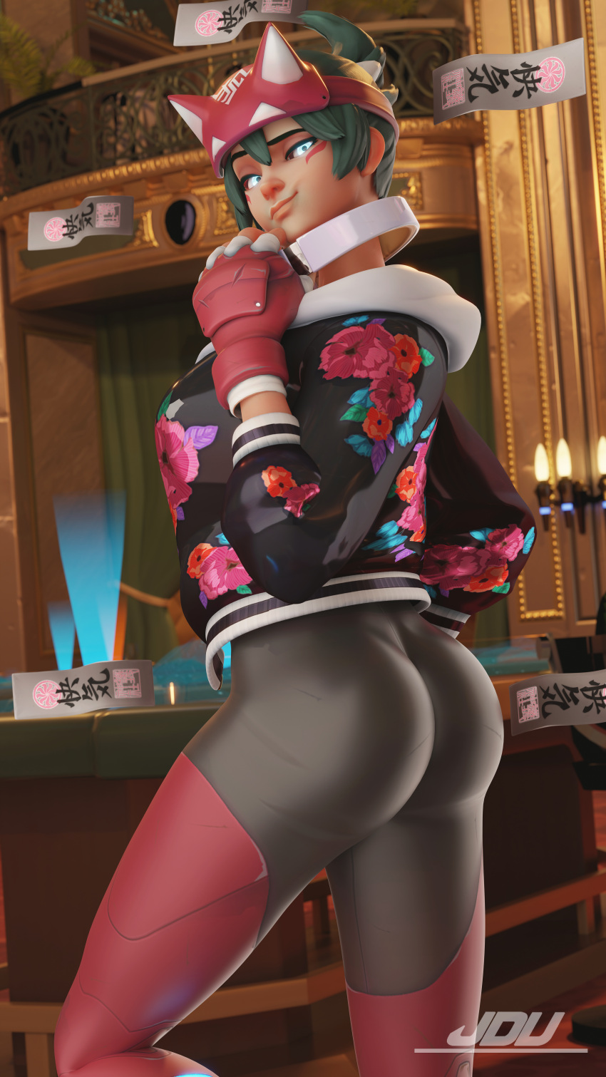 1girl, 3d, absurdres, artist_logo, ass, ass_focus, black_leggings, fingerless_gloves, floral_print, gloves, glowing, glowing_eyes, green_hair, headphones, headphones_around_neck, highres, jacket, kiriko_(overwatch), leggings, looking_at_viewer, multicolored_leggings, overwatch, overwatch_2, red_gloves, red_leggings, user_xtau7354