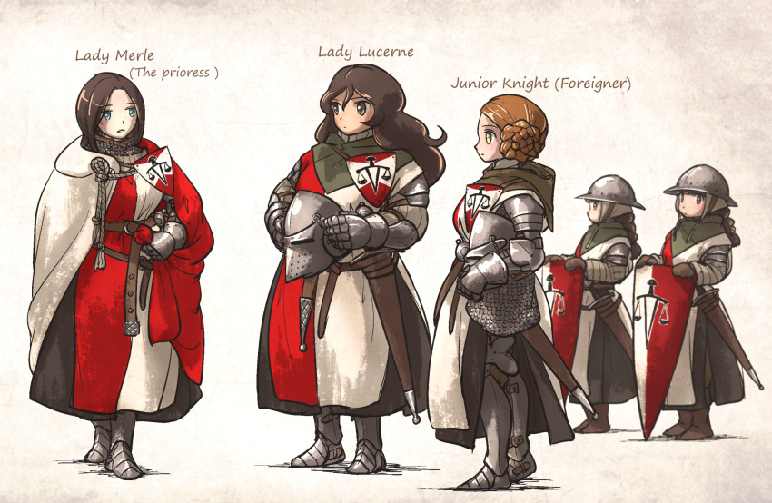 5girls, armor, bassinet, belt, boots, braid, brown_hair, full_body
