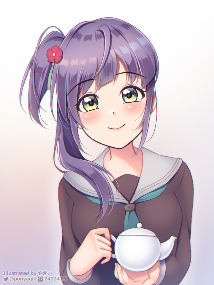 1girl, absurdres, bangs, blue_neckerchief, blush, breasts, character_name, gradient_background