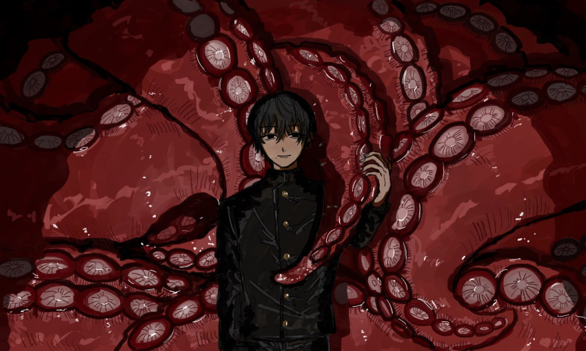 1boy, bangs, black_hair, chainsaw_man, dark, hhn_965, holding_tentacle, looking_at_viewer