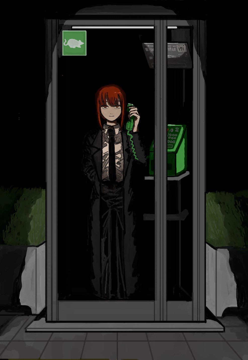 1girl, bangs, black_coat, black_necktie, black_pants, brown_eyes, chainsaw_man, coat
