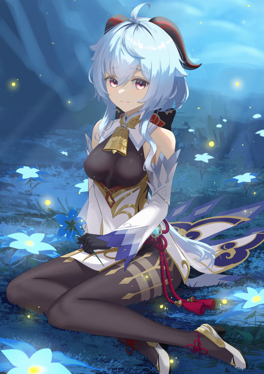 1girl, absurdres, ahoge, ankle_ribbon, back_bow, bangs, bare_shoulders, bell