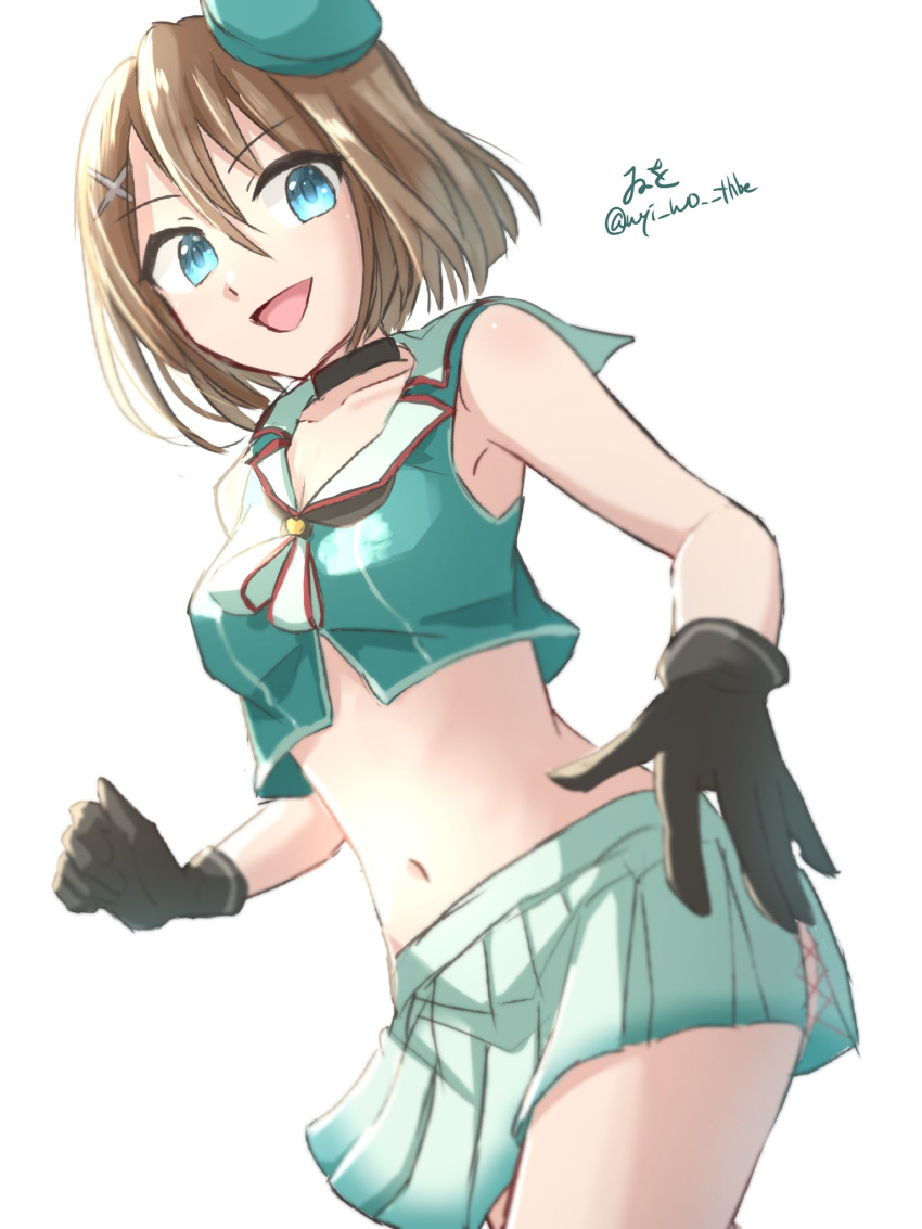 1girl, beret, black_gloves, blue_eyes, brown_hair, gloves, hair_ornament, hairclip, hat, hat_ribbon, highres, kantai_collection, looking_at_viewer, maya_(kancolle), maya_kai_ni_(kancolle), midriff, mini_hat, open_mouth, pleated_skirt, red_ribbon, ribbon, school_uniform, serafuku, short_hair, skirt, sleeveless, solo, twitter_username, white_skirt, wiwo, x_hair_ornament