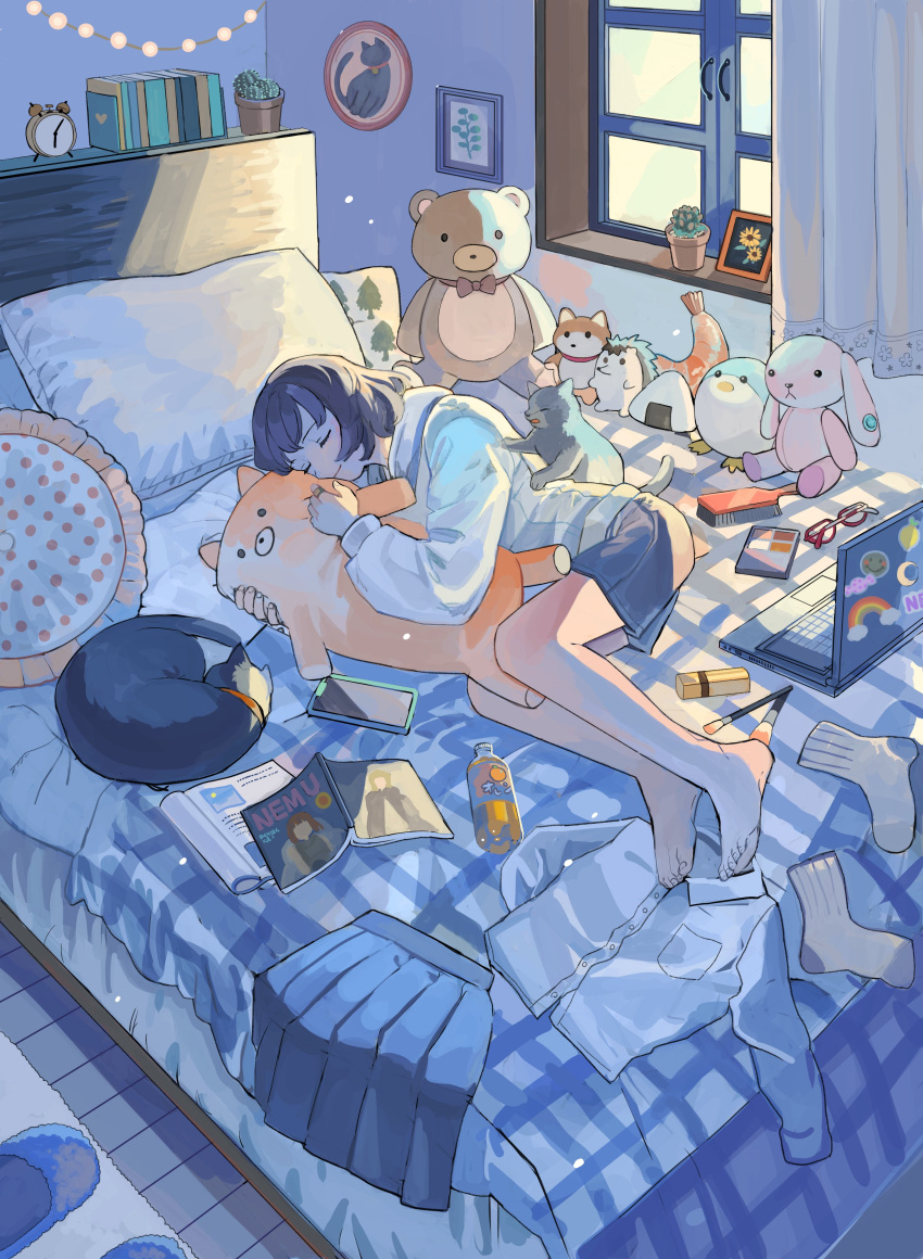 1girl, absurdres, alarm_clock, bed, book, bookshelf, bottle, carpet, cat, cellphone, christmas_lights, clock, closed_eyes, clothes, computer, full_body, fur_footwear, glasses, highres, indoors, laptop, light_smile, magazine_(object), makeup_brush, mituhati, object_hug, on_bed, original, painting_(object), palette_(object), phone, pillow, plant, pleated_skirt, potted_plant, red-framed_eyewear, shirt, short_hair, shorts, skirt, sleeping, smartphone, socks, solo, sticker, stuffed_animal, stuffed_toy, window