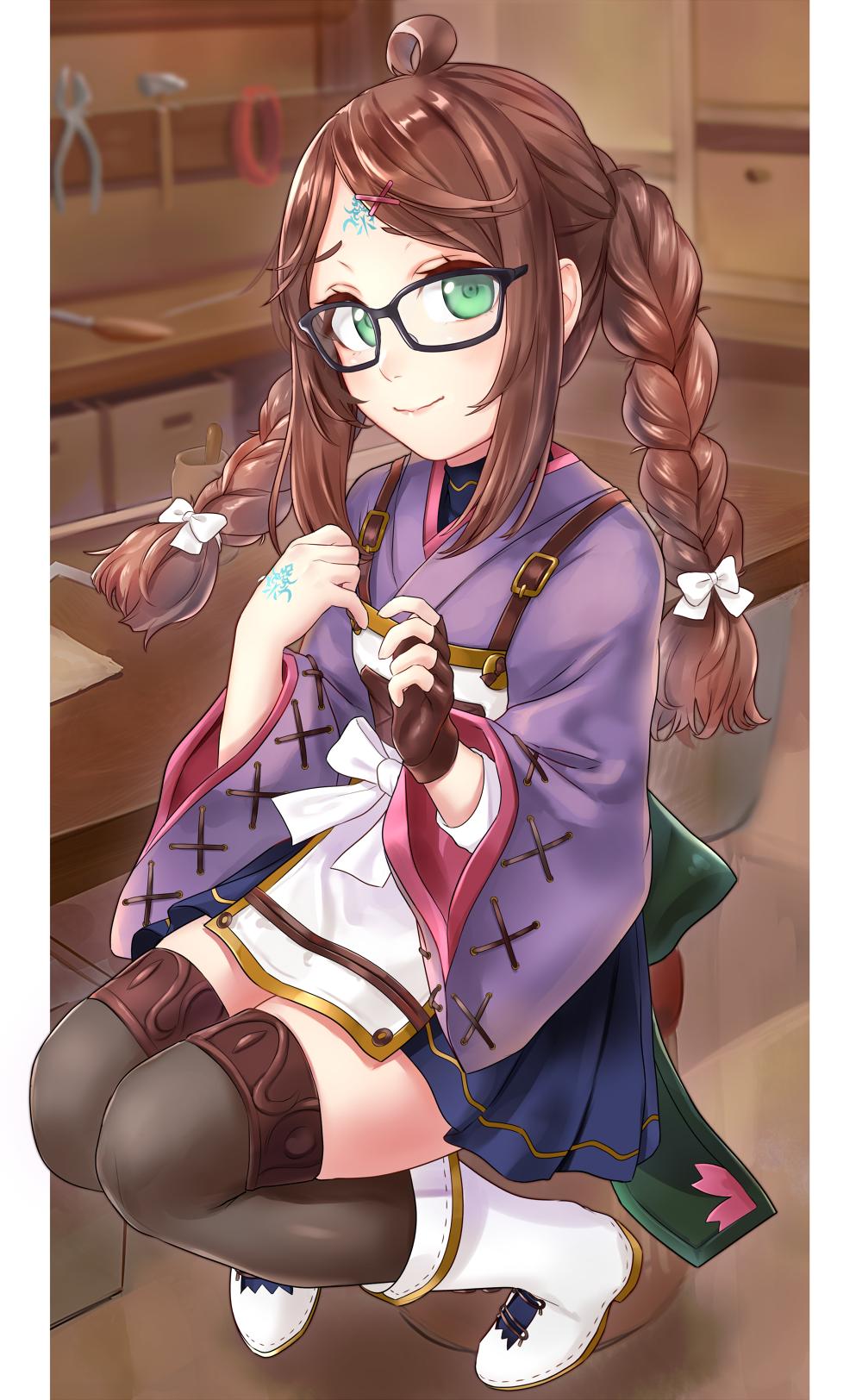 1girl, ahoge, amame_mikage, bangs, blue_skirt, boots, braid, brown_hair