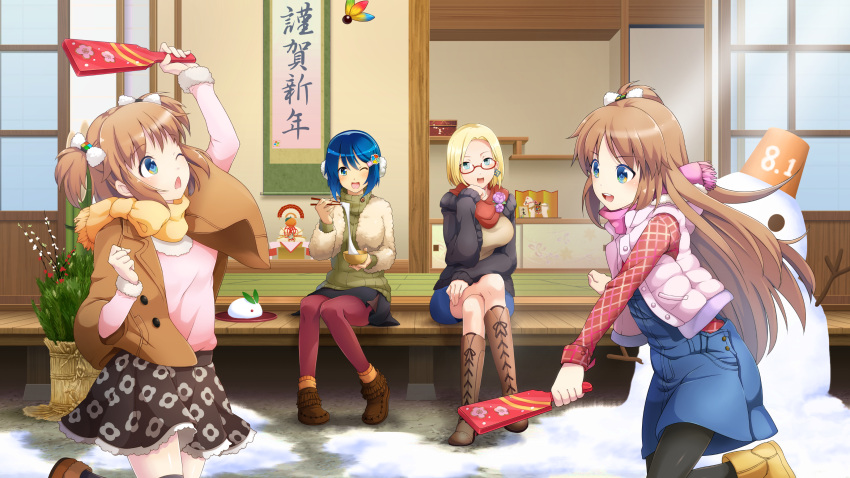 4girls, :d, ;d, ;o, absurdres, black_pantyhose, black_skirt, blonde_hair