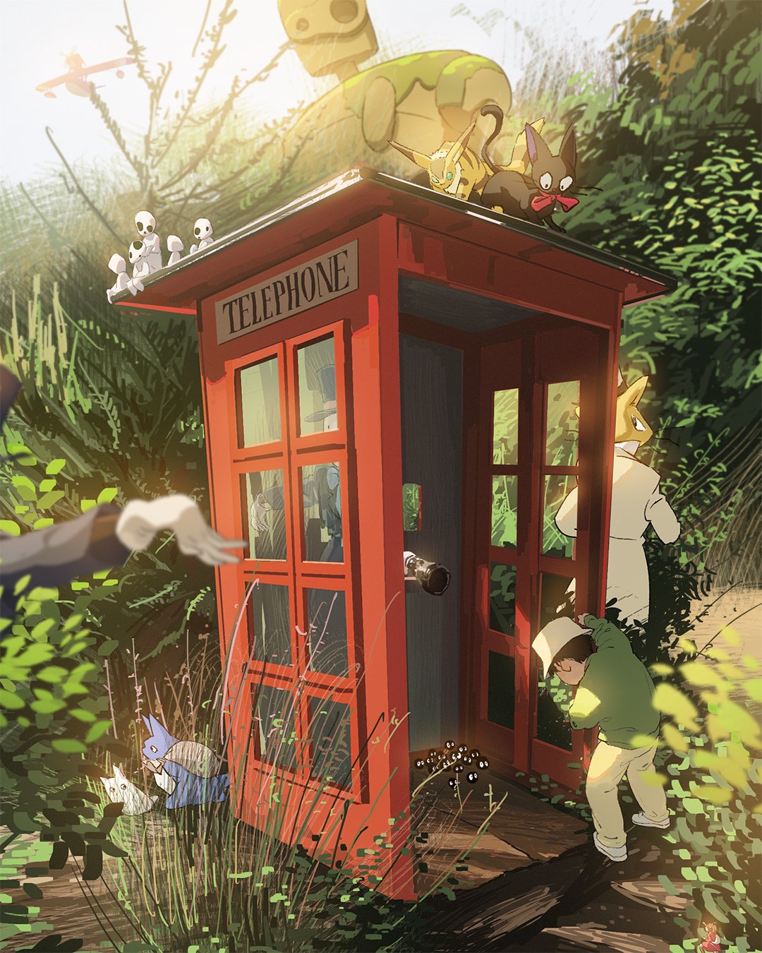 3boys, aircraft, airplane, black_hair, bush, cat, character_request, commentary