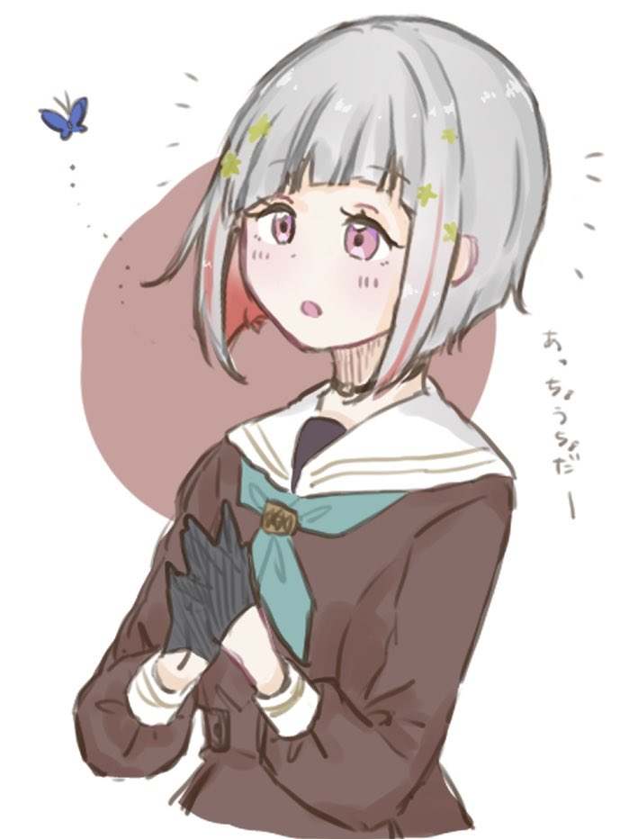 1girl, black_choker, black_gloves, blue_butterfly, blue_neckerchief, brown_dress, bug, butterfly, choker, dress, gloves, grey_hair, hair_behind_ear, hair_ornament, link!_like!_love_live!, love_live!, multicolored_hair, neckerchief, o-ring, o-ring_choker, open_mouth, own_hands_together, redhead, riarii_(h3c_ms_zzz3), sailor_collar, school_uniform, sketch, solo, star_(symbol), star_hair_ornament, streaked_hair, translation_request, virtual_youtuber, yugiri_tsuzuri
