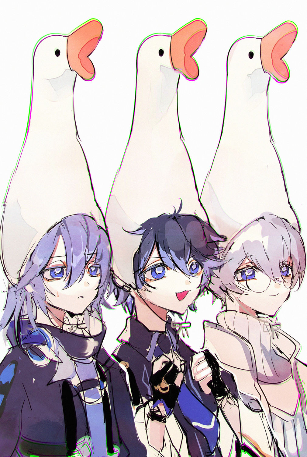3boys, blue_eyes, blue_hair, dark_blue_hair, elsword, glasses, grey_hair, highres