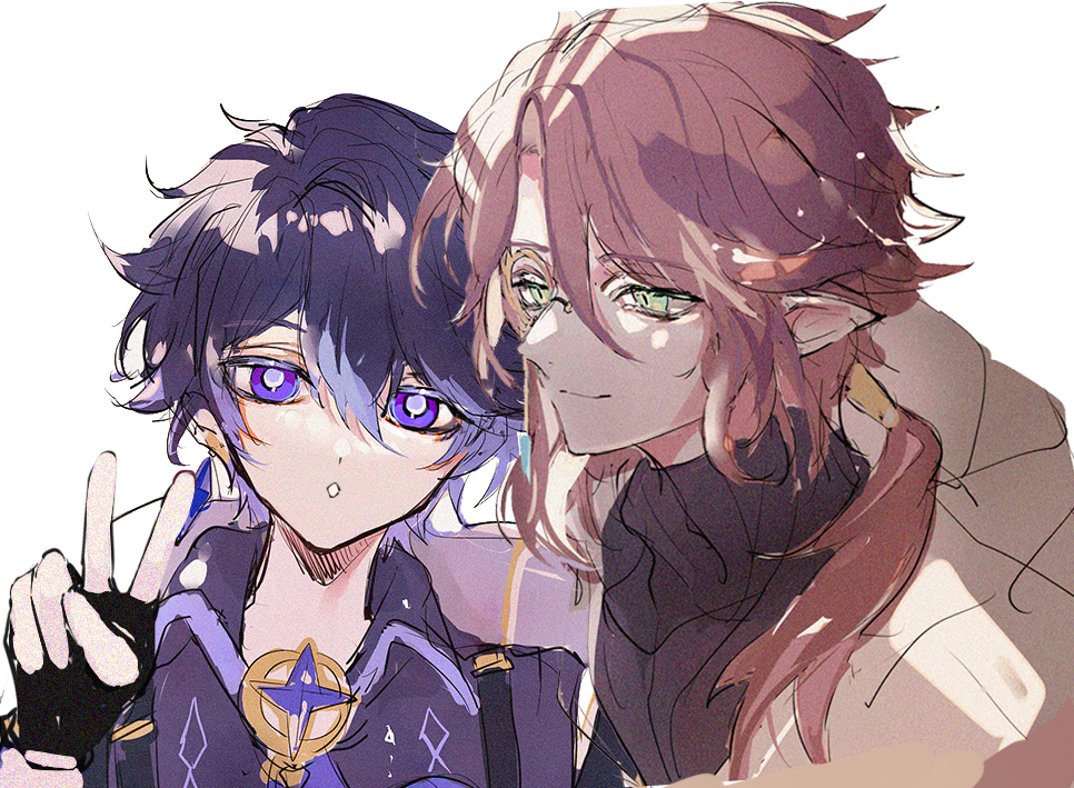 2boys, black_gloves, blue_hair, brown_hair, clamor_(elsword), closed_mouth, dark_blue_hair, elf, elsword, facing_to_the_side, fingerless_gloves, gloves, green_eyes, grey_hair, kurayuki0404, looking_at_viewer, male_focus, multicolored_hair, multiple_boys, noah_ebalon, pointy_ears, short_hair, smile, stellar_caster_(elsword), teeth, v, white_background