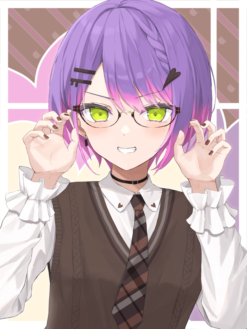 1girl, alternate_hairstyle, asymmetrical_sidelocks, bangs, black_choker, braid, braided_bangs, brown_sweater_vest, choker, claw_pose, clenched_teeth, collared_shirt, dot_nose, earrings, framed, frilled_sleeves, frills, glasses, green_eyes, hair_ornament, hairclip, hands_up, head_out_of_frame, heart, highres, hololive, jewelry, long_sleeves, multicolored_background, multicolored_hair, nail_polish, necktie, norio_(noriosub), official_alternate_hair_length, official_alternate_hairstyle, pink_hair, pointy_ears, purple_hair, shirt, smile, striped_glasses, striped_nails, striped_necktie, sweater_vest, teeth, tokoyami_towa, upper_body, v-shaped_eyebrows, virtual_youtuber, white_shirt