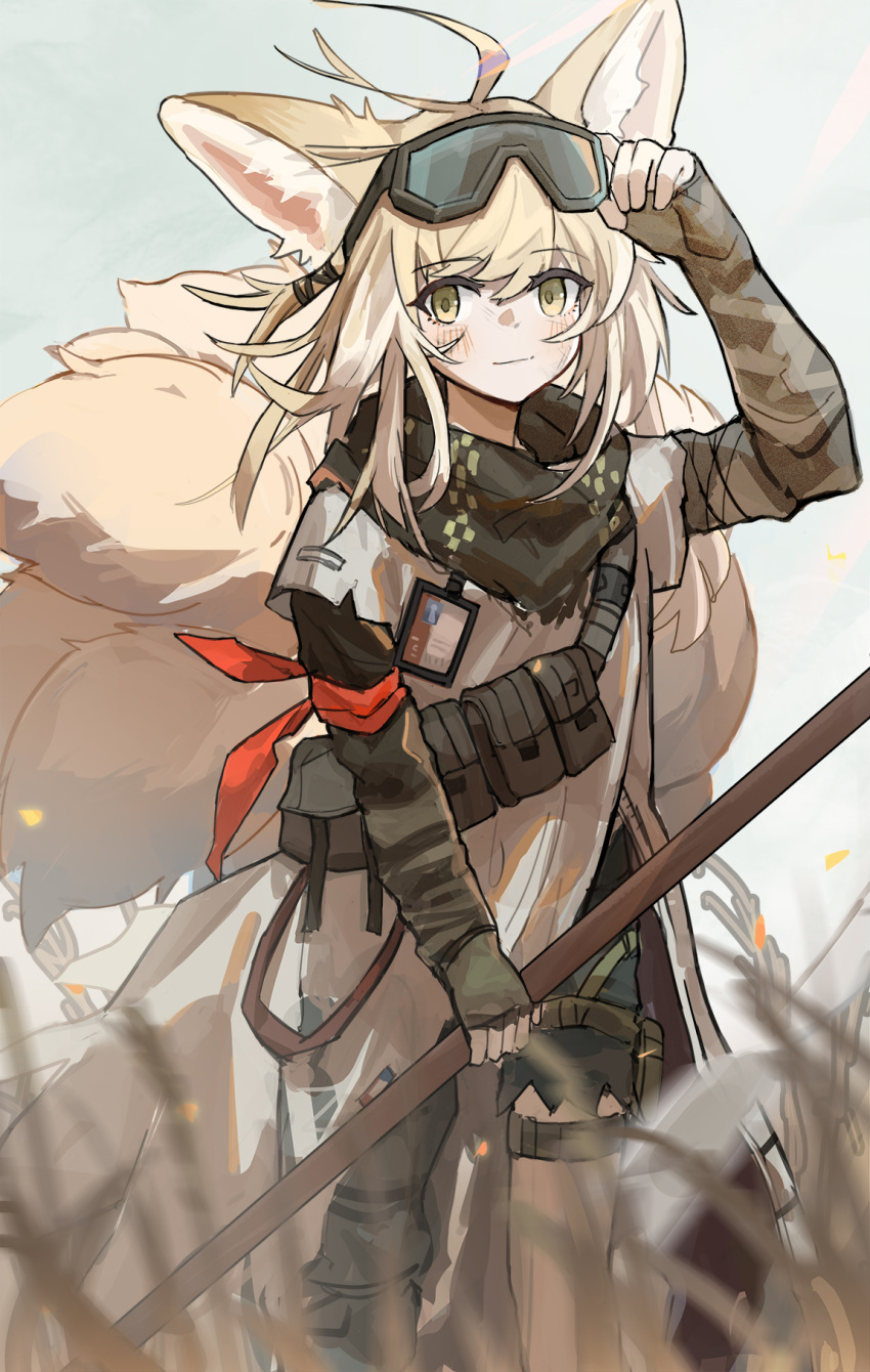 1girl, adjusting_eyewear, animal_ears, arknights, asymmetrical_legwear, bangs, blonde_hair, blush