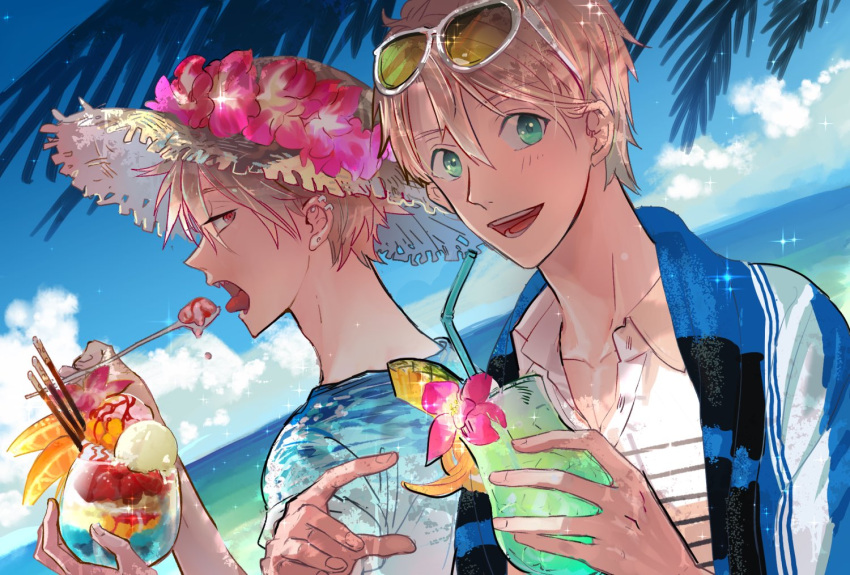 2boys, alternate_costume, blonde_hair, blue_jacket, blue_shirt, cocktail, cocktail_flower, collared_shirt