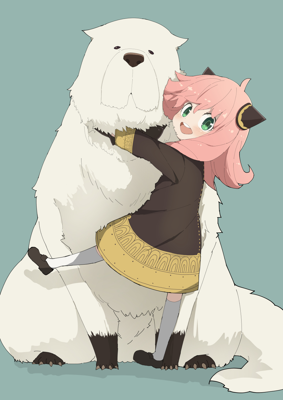 1girl, :d, ahoge, animal, animal_hug, anya_(spy_x_family), bangs, black_dress