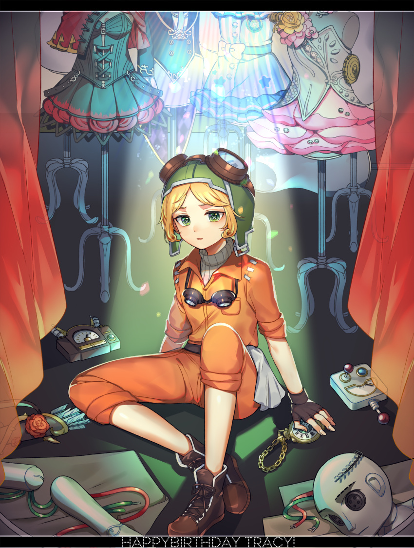 1girl, arrow_(projectile), bangs, black_dress, black_gloves, blonde_hair, blue_dress, boots, bow, brown_footwear, cable, capelet, character_name, cloth, confetti, controller, cross-shaped_pupils, curtains, dress, dress_removed, fingerless_gloves, floral_dress, flower, full_body, gloves, goggles, goggles_around_neck, goggles_on_head, green_eyes, green_headwear, happy_birthday, helmet, highres, identity_v, jumpsuit, looking_at_viewer, mannequin, mechanical_arms, orange_jumpsuit, pants, pants_rolled_up, parted_bangs, parted_lips, pink_dress, pocket_watch, quiver, red_capelet, red_flower, red_rose, remote_control, robot, rose, sansai_toritori, short_hair, sitting, sleeves_rolled_up, solo, spotlight, strapless, strapless_dress, sweater, symbol-shaped_pupils, tracy_reznik, tracy_reznik_(everlasting_flower), tracy_reznik_(puppeteer), tracy_reznik_(re-swim), tracy_reznik_(red_riding_hood), turtleneck, turtleneck_sweater, waist_bow, watch, white_sweater