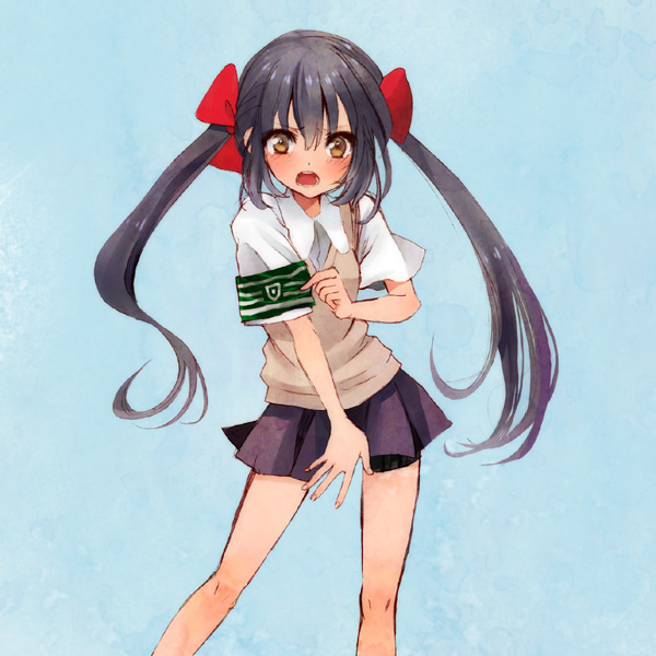 black_hair, brown_eyes, cosplay, k-on!, long_hair, manji_(nanakirio), nakano_azusa, school_uniform, shirai_kuroko, shirai_kuroko_(cosplay), solo, sweater_vest, to_aru_kagaku_no_railgun, to_aru_majutsu_no_index, twintails