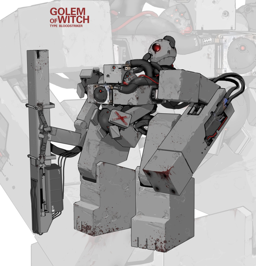 anisotropy, arm_cannon, blood, cable, full_body, glowing, glowing_eyes, gun