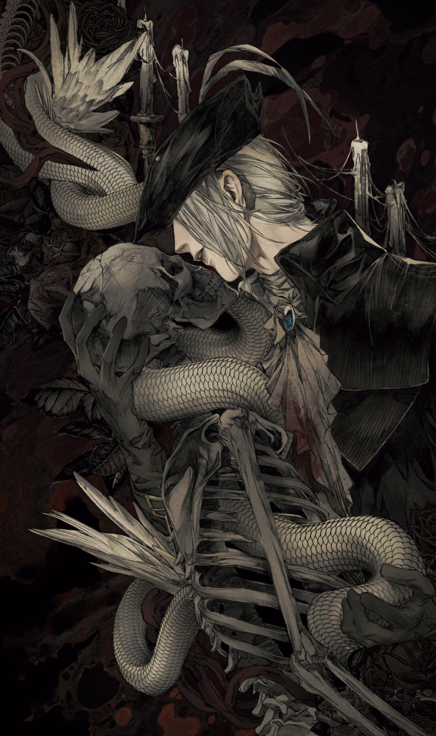 1girl, ascot, bangs, black_coat, black_headwear, bloodborne, blue_gemstone, bone