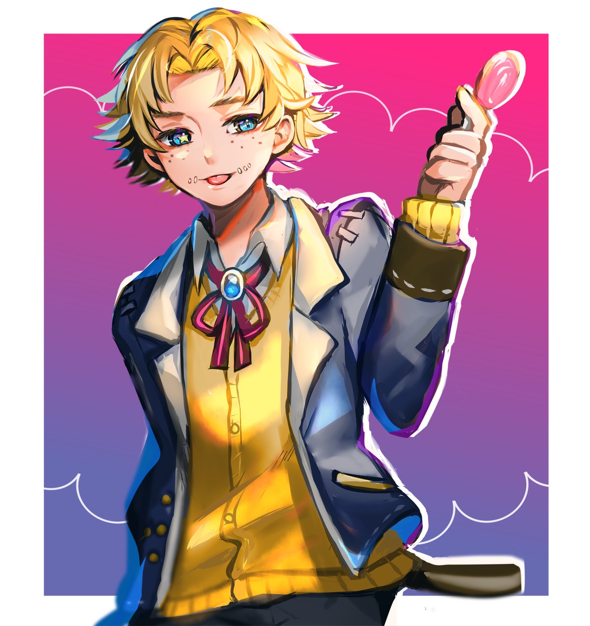 1boy, bangs, black_pants, blonde_hair, blue_background, blue_eyes, blue_jacket, border