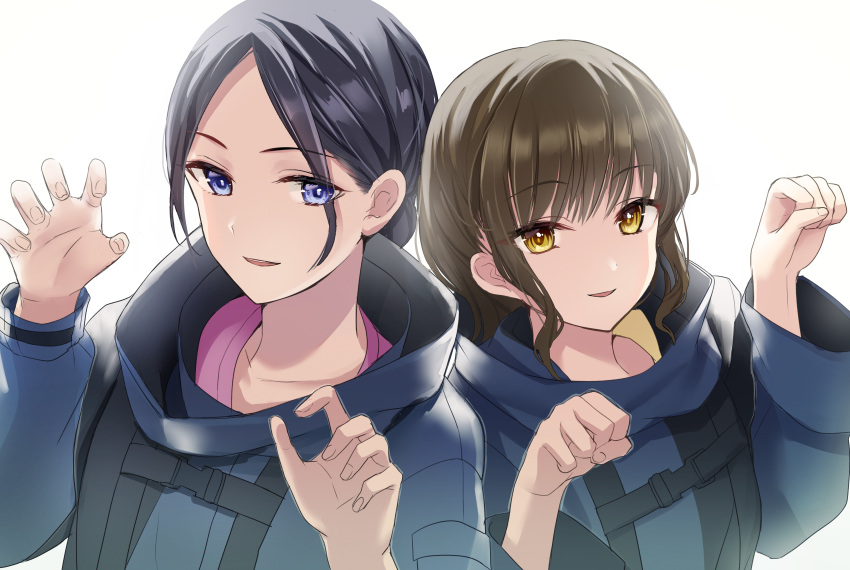 2girls, absurdres, backlighting, bangs, black_hair, blue_eyes, blue_jacket, brown_hair