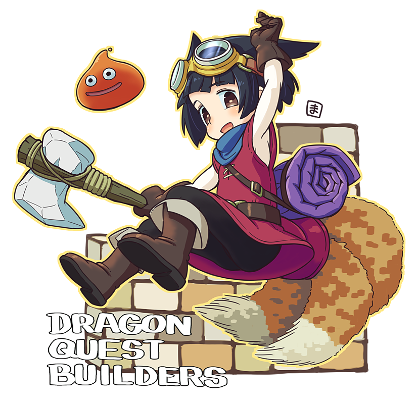1girl, :d, animal_ears, arm_up, armpits, axe, bangs, black_pants, blue_scarf, bob_cut, boots, brown_footwear, brown_gloves, copyright_name, dragon_quest, dragon_quest_builders, dress, female_builder_(dqb), fox_ears, fox_girl, fox_tail, full_body, gloves, goggles, goggles_on_head, holding, holding_axe, holding_weapon, kukuri_(mawaru), mawaru_(mawaru), multiple_tails, open_mouth, pants, red_dress, scarf, short_hair, simple_background, sleeveless, sleeveless_dress, slime_(dragon_quest), smile, solo, tail, weapon, white_background