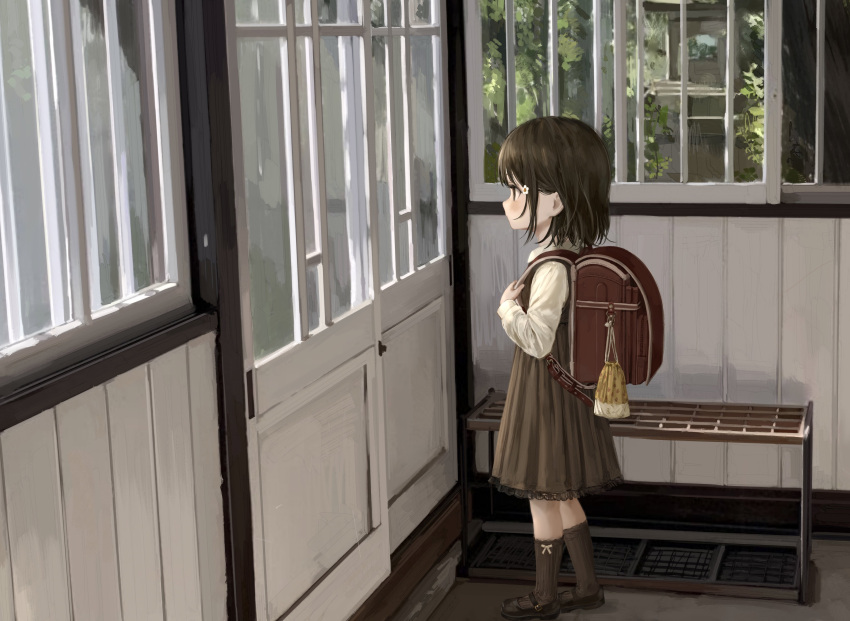 1girl, absurdres, backpack, bag, bangs, brown_dress, brown_eyes, brown_footwear