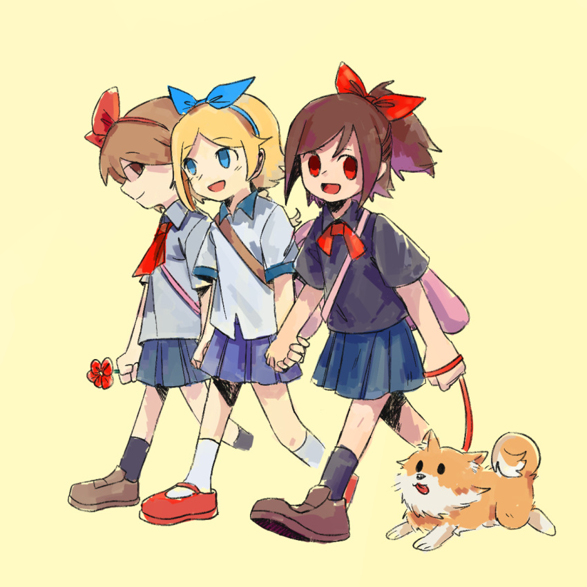 3girls, animal, bag, black_shirt, black_socks, blonde_hair, blue_bow, blue_eyes