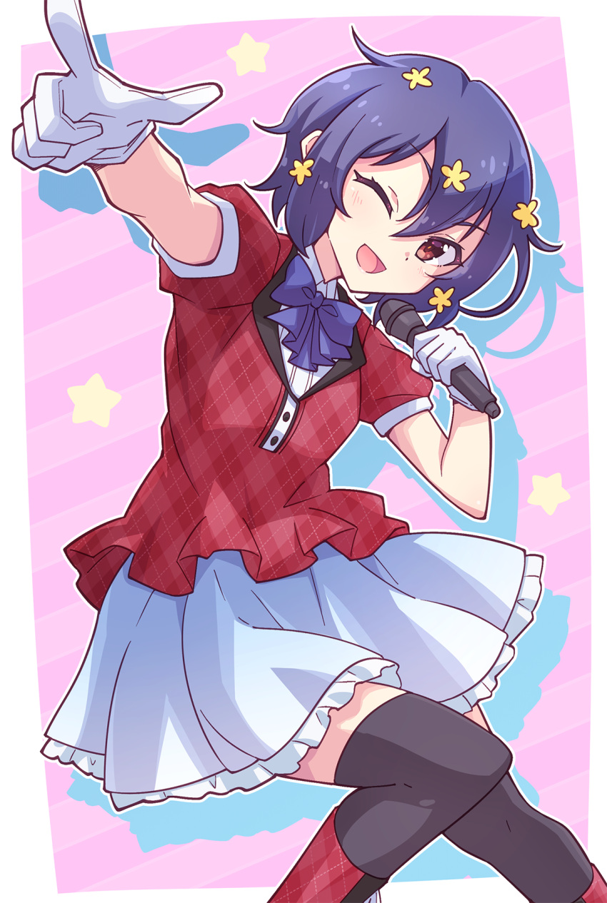 1girl, ;d, argyle, argyle_footwear, argyle_jacket, bangs, black_thighhighs, blue_bow