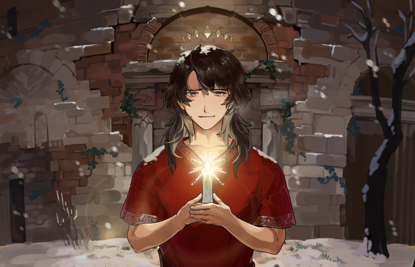 1boy, alternate_costume, bare_tree, black_hair, breath, brick_wall, brown_eyes, candle