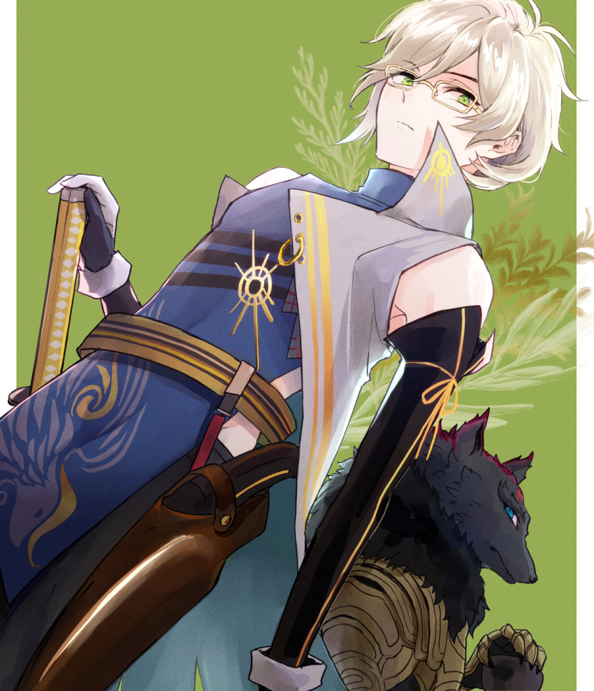 2boys, armor, black_gloves, black_pants, blonde_hair, blue_eyes, blue_tunic, border, closed_mouth, collared_coat, cowboy_shot, elbow_gloves, fate/grand_order, fate_(series), furry, furry_male, gauntlets, glasses, gloves, green_background, green_eyes, grey_gloves, gun, hair_between_eyes, hand_on_hilt, handgun, highres, hip_vent, holster, holstered_weapon, ishida_mitsunari_(fate), katana, kukochihiko_(fate), layered_gloves, looking_at_viewer, male_focus, multiple_boys, outside_border, pants, pillarboxed, profile, satsuki_(zen05), short_hair, sideways_glance, sleeveless_coat, sword, tunic, turtleneck, weapon, white_border, wolf_boy, yellow-framed_eyewear