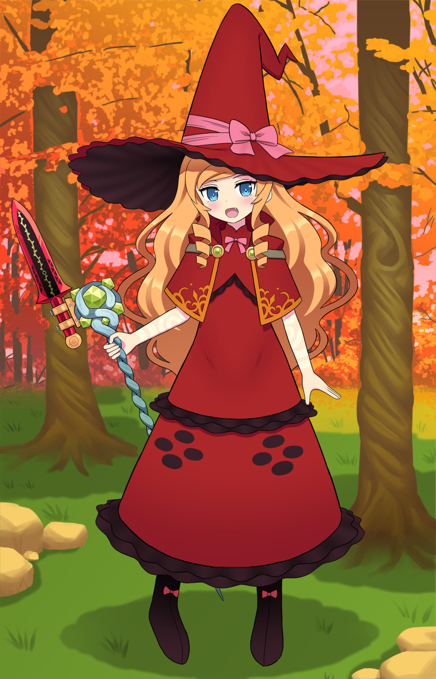1girl, :d, absurdres, ami_(ammy33), blonde_hair, blue_eyes, blush, bow, dagger, doctor_magus, doctor_magus_4, dress, drill_hair, fang, hat, hat_bow, highres, knife, large_hat, long_dress, long_hair, looking_at_viewer, pink_bow, red_dress, red_headwear, sekaiju_no_meikyuu, sekaiju_no_meikyuu_2, smile, solo, staff, weapon, witch, witch_hat