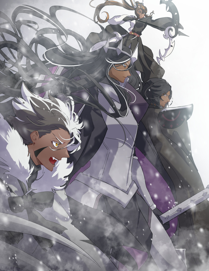 1girl, 3boys, absurdres, armor, bangs, belt, black_bow, black_cape