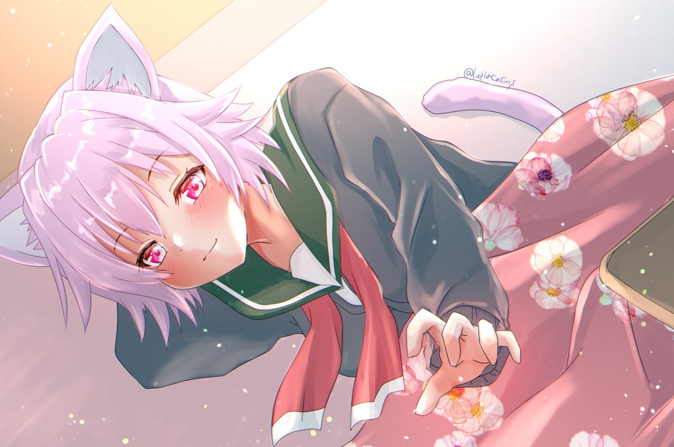 1girl, animal_ears, black_sweater, cat_ears, cat_tail, green_sailor_collar, kantai_collection, kemonomimi_mode