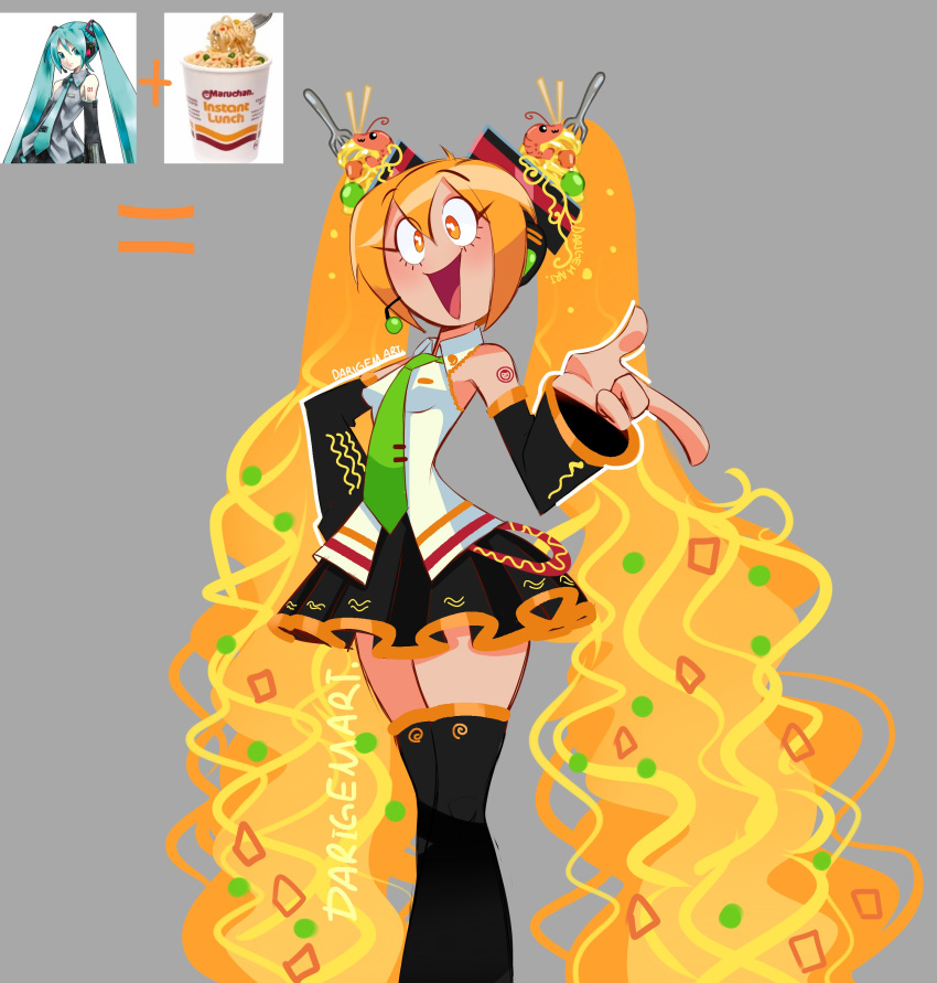 1girl, :3, :d, absurdres, bangs, bare_shoulders, black_footwear, black_skirt, black_sleeves, blonde_hair, boots, collared_shirt, crossover, darigem, detached_sleeves, food, food-themed_clothes, food-themed_hair_ornament, fork, fork_in_head, fusion, gradient_hair, green_necktie, hair_as_food, hair_between_eyes, hair_ornament, hatsune_miku, highres, index_finger_raised, instant_ramen, logo_tattoo, long_hair, maruchan_(brand), multicolored_hair, narrow_waist, necktie, noodles, object_through_head, orange_hair, pleated_skirt, ramen, shirt, shoulder_tattoo, shrimp, skirt, sleeveless, sleeveless_shirt, smile, solo, tattoo, thick_thighs, thigh_boots, thighs, toon_(style), twintails, very_long_hair, vocaloid, wavy_hair, white_shirt, zettai_ryouiki